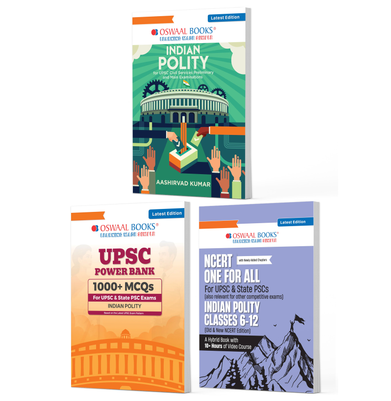 imagOswaal UPSC Indian Polity Exam Pack 2026 Set of 3 Books | Indian Polity Guide + Power Bank 1000+ MCQs + NCERT One For All Classes 6-12 | PYQs, 1500+ Practice Qs, Mind Maps, Summaries & Exam Readiness