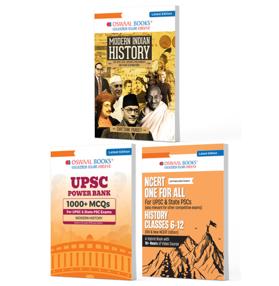 imagOswaal UPSC History Exam Pack 2026 Set of 3 Books | Modern Indian History + Power Bank 1000+ MCQs + NCERT One For All History Class 6 - 12 | PYQs, 1500+ Practice Qs, Mind Maps, Smart Summaries & Exam Readiness