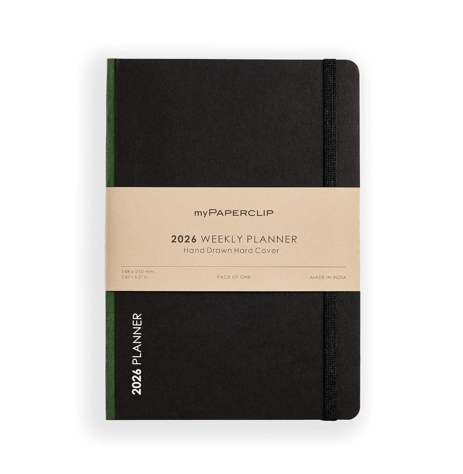 Paperclip 2026 Weekly Planner, Black Mill Board Hard Cover, A5_D2Green Spine
