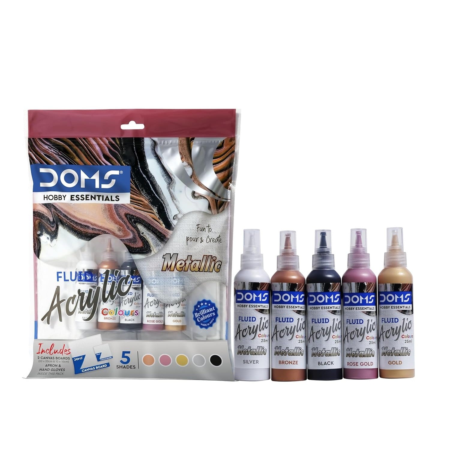 Doms Metallic Fluid Acrylic Colour Set With Canvas Boards