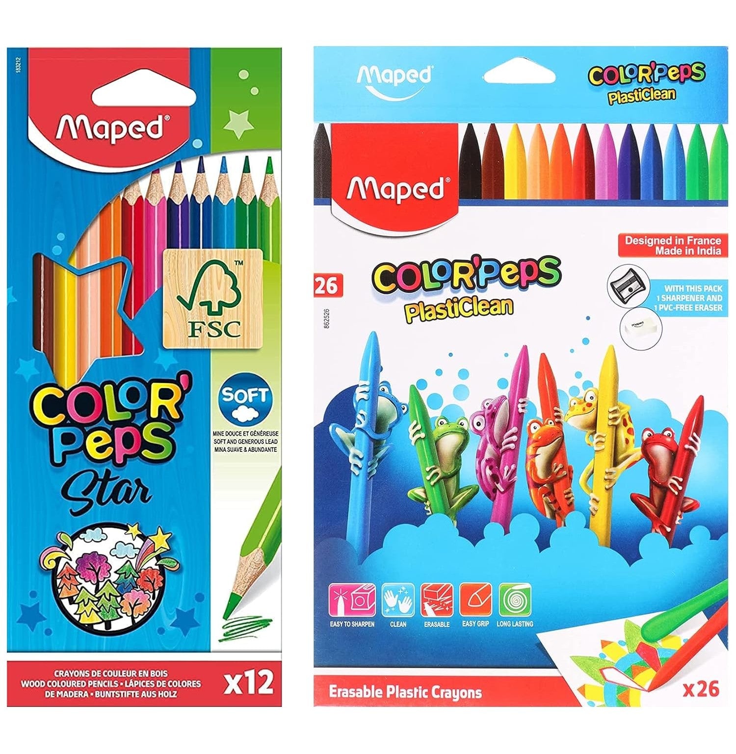 Maped Color'peps Plasticlean Erasable Plastic Crayons & Triangular Colored Pencils Set 26 Pack