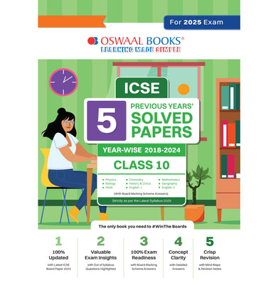 imagOswaal ICSE 5 Previous Year Solved Papers Class-10 | Yearwise 2018-2024 Physics, Chemistry, Maths, Biology, History, civics, Geography, Hindi, English 1, English 2 For 2025 Board Exam