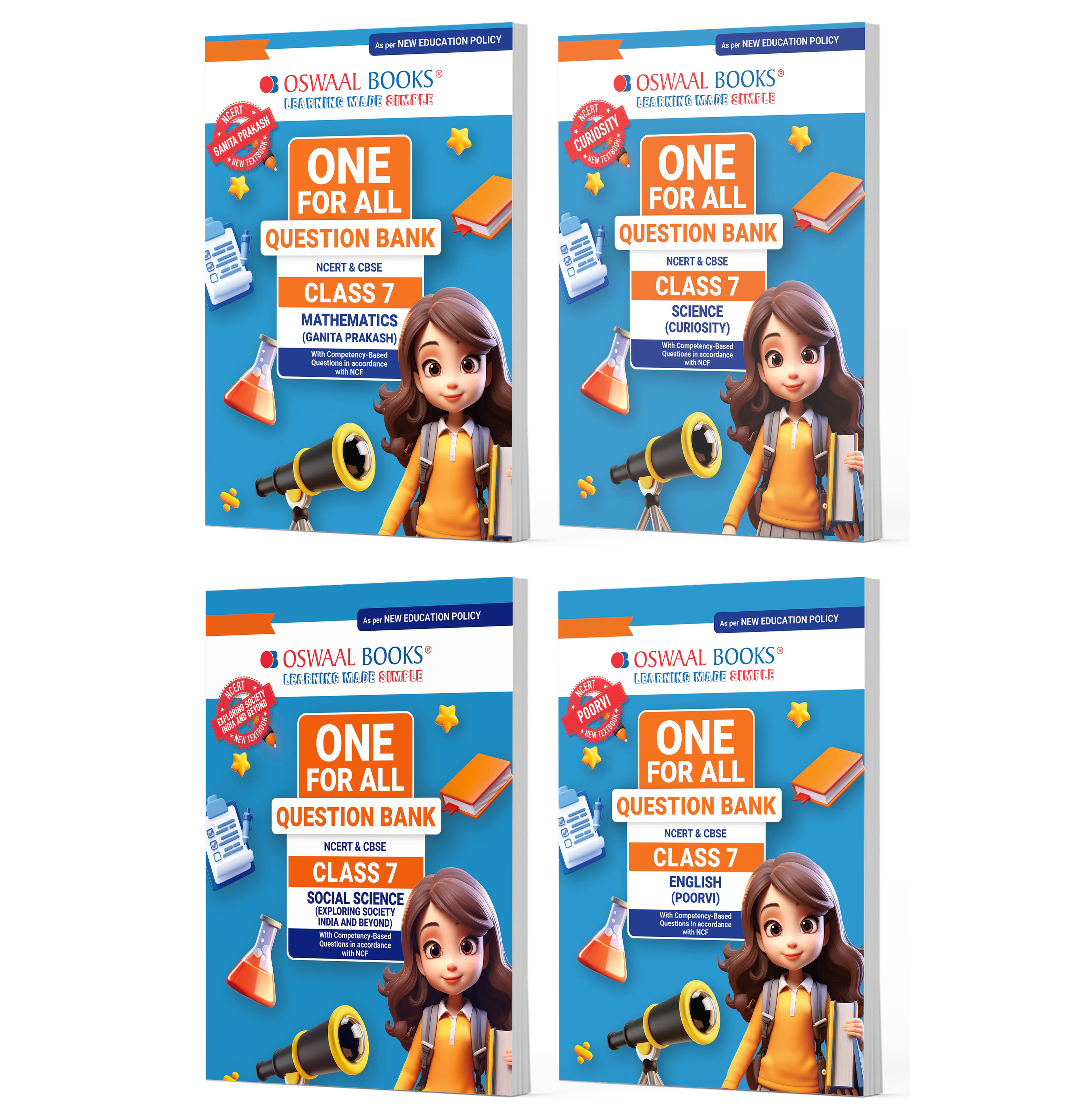 One For All Question Banks Ncert & Cbse Class 7 (Set Of 4 Books) Mathematics, Science, Social Science, And English (For Latest Exam)