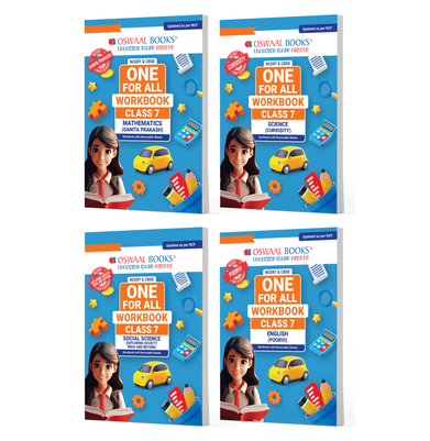 imagOswaal NCERT & CBSE One For All Workbook For Class 7 | Mathematics | Science | Social Science | English | Updated As Per NCF | MCQ's | VSA | SA | LA | Set Of 4 Books | For Latest Exam buy online at crossword.in
