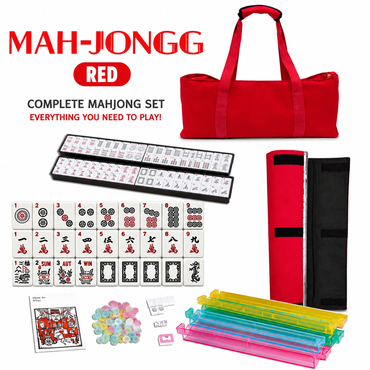 Original American Mahjong Set of 166 Tiles with Red Storage Bag