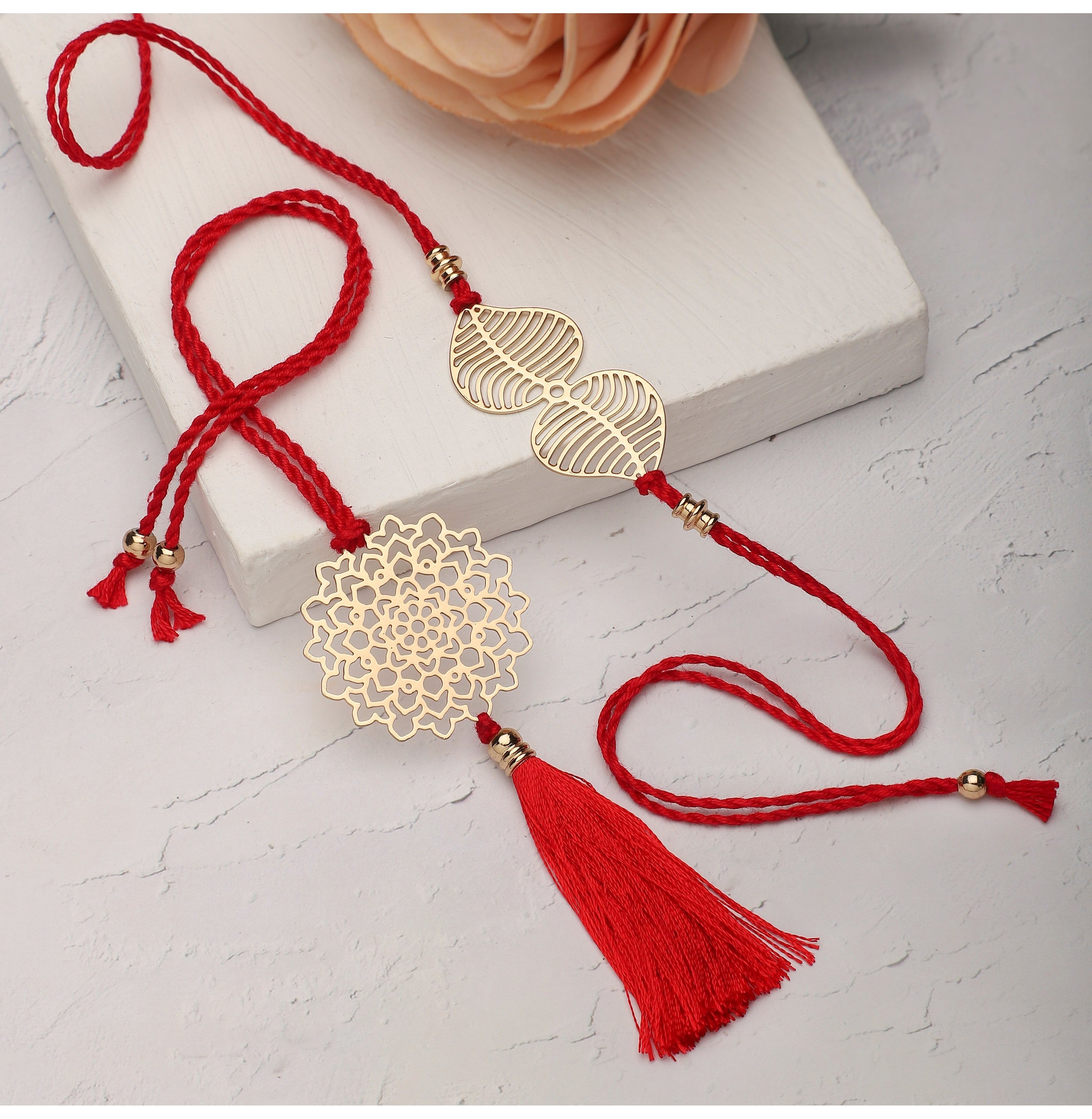 Rakhi Lumba Set  Exquisite Double Leaf Design In Vibrant Red By Ananad Prakash