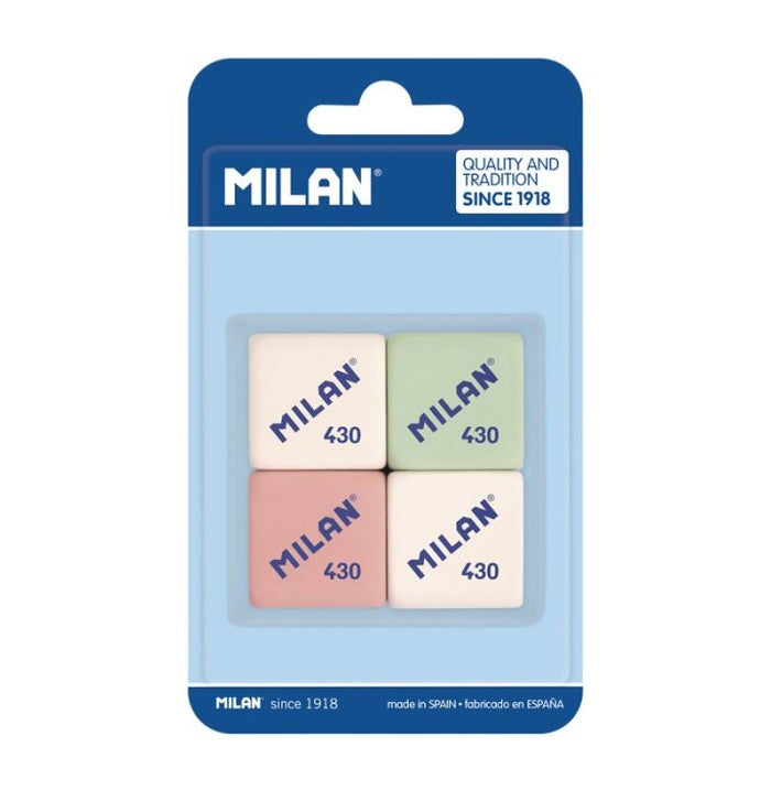 Milan Blister 4 Assorted Color Soft Synthetic Rubber Erasers