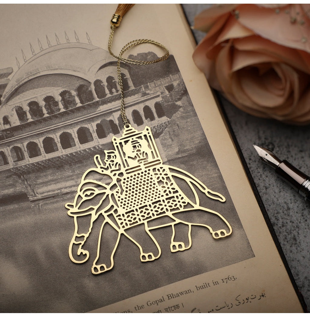 Elegant Brass Elephant Bookmark with Carriage