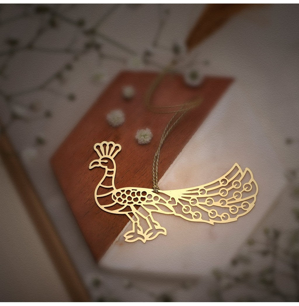 Peacock Elegance: Luxurious Brass Bookmark with Golden Tassel
