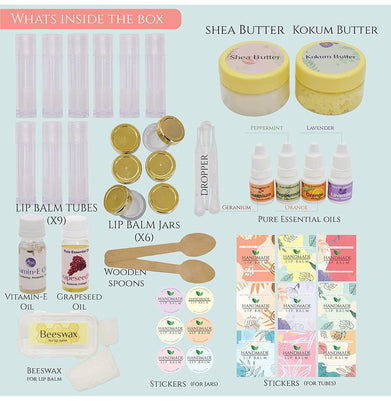 imagKalakaram Lip Balm DIY Kit - Make 15 Lip Balms with Shea Butter, Kokum Butter, Beeswax, Vitamin E Oil, Grape Seed Oil and 4 Pure Essential Oils