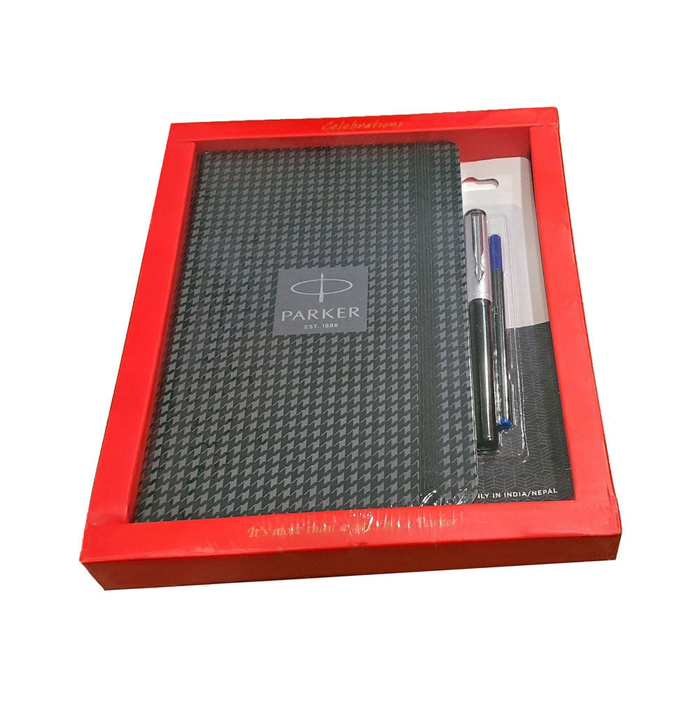 Parker Beta Premium Silver Roller Ball Pen & Elegant A5 Houndstooth Notebook Set
