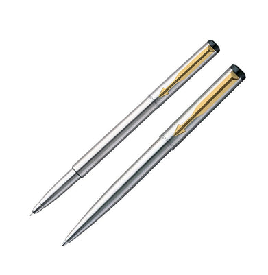 imagPARKER VECTOR STAINLESS STEEL WITH GOLD PLATED CLIP ROLLERBALL + BALL PEN SET