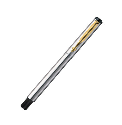 imagPARKER VECTOR STAINLESS STEEL WITH GOLD PLATED CLIP ROLLERBALL + BALL PEN SET