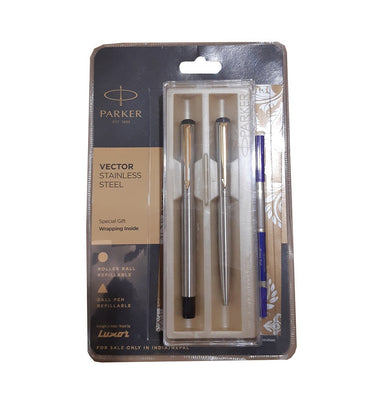 imagPARKER VECTOR STAINLESS STEEL WITH GOLD PLATED CLIP ROLLERBALL + BALL PEN SET