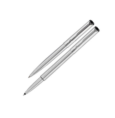 imagPARKER VECTOR STAINLESS STEEL WITH STAINLESS STEEL CLIP ROLLERBALL PEN + BALL PEN SET