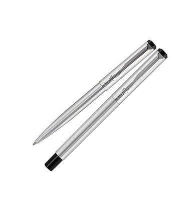 imagPARKER VECTOR STAINLESS STEEL WITH STAINLESS STEEL CLIP ROLLERBALL PEN + BALL PEN SET