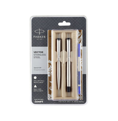 imagPARKER VECTOR STAINLESS STEEL WITH STAINLESS STEEL CLIP ROLLERBALL PEN + BALL PEN SET