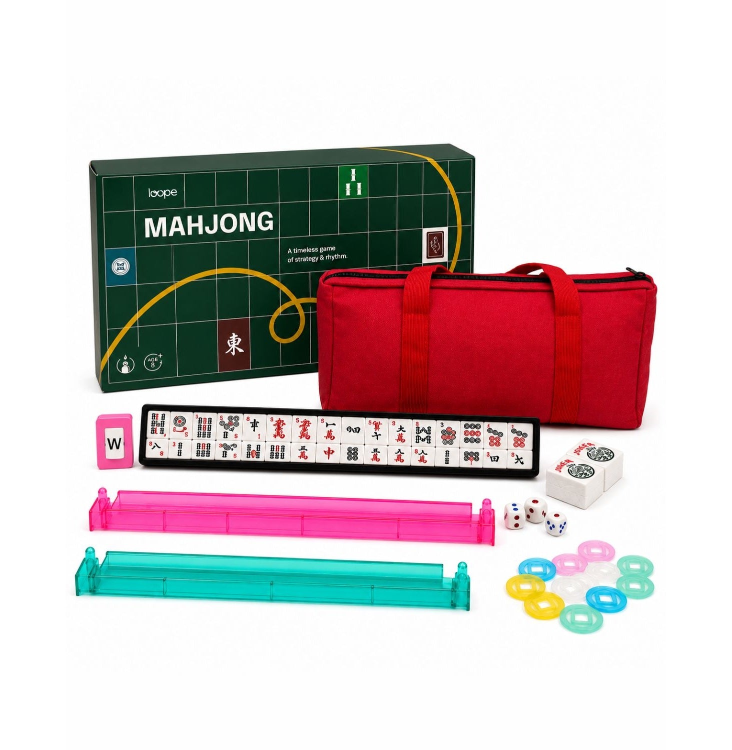 Original American Mahjong Set of 166 Tiles with Red Storage Bag