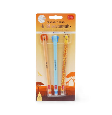 imagSet Of 3 Erasable Gel Pens - Wild Savannah - Lion + Elephant + Giraffe