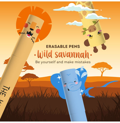 imagSet Of 3 Erasable Gel Pens - Wild Savannah - Lion + Elephant + Giraffe