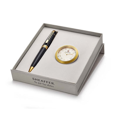 imagSheaffer A9325 Gift Set 300 Glossy Black/Gold Ballpoint Pen With Gold-Chrome Table Clock