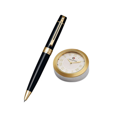 imagSheaffer A9325 Gift Set 300 Glossy Black/Gold Ballpoint Pen With Gold-Chrome Table Clock