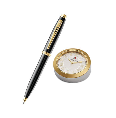 imagSheaffer Gift 100 9322 Black Gt Ball Pen With Gold-Chrome Table Clock