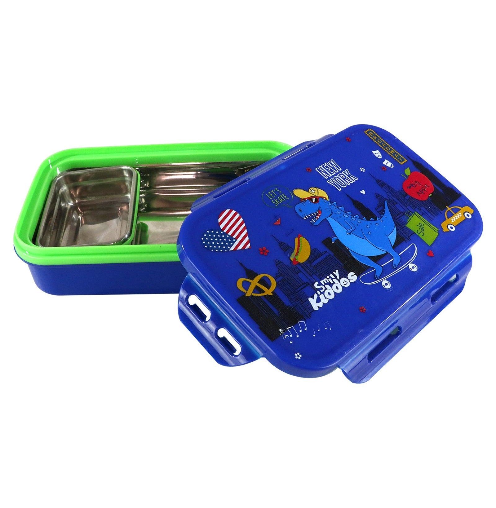 Smily Kiddos Dino-Themed Stainless Steel Lunch Box for Brunch and Snacks