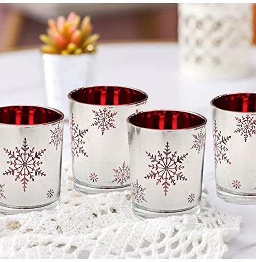 Elegant Silver Snowflake Glass Tealight Holders - Set of 6