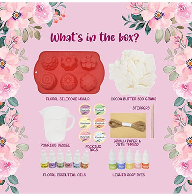 imagKalakaram Melt & Pour Cocoa Butter Floral Soap Making Kit, Soap Making For Kids And Adults, Make 6 Floral Soap, SLS And Paraben Free Cocoa Butter Soap Base, Gifting Soap Making Kit For Loved Ones
