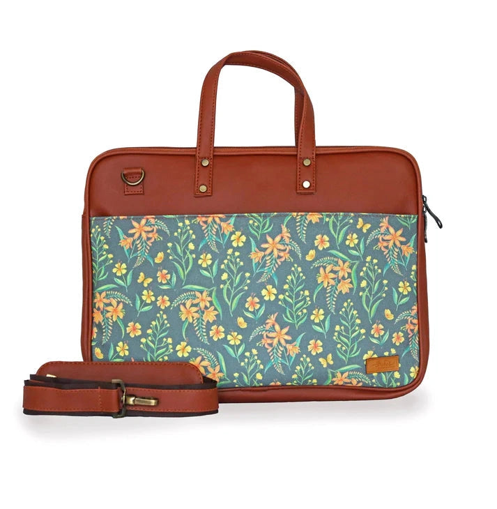 Grey Summer Blossoms Women's Chic Laptop Bag with Adjustable Strap