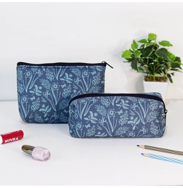 Navy Blue Floral Cosmetic Pouches - Set of 2 - Crossword.in 