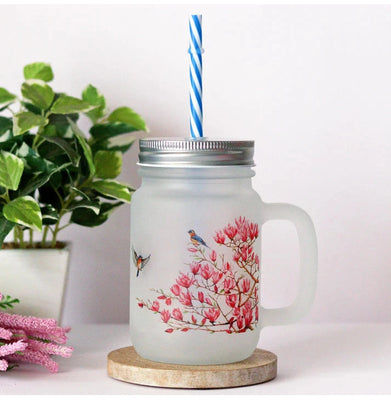 imagPink Magnolias Frosted Mason Jar