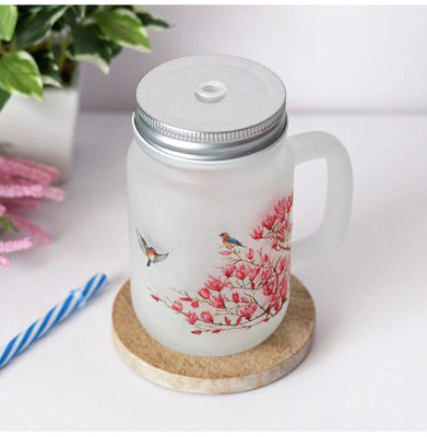 imagPink Magnolias Frosted Mason Jar