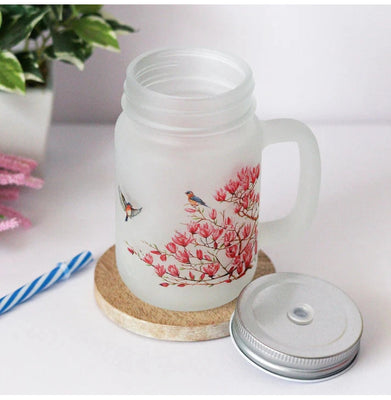 imagPink Magnolias Frosted Mason Jar