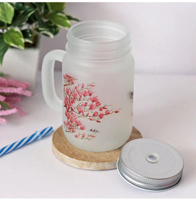 imagPink Magnolias Frosted Mason Jar