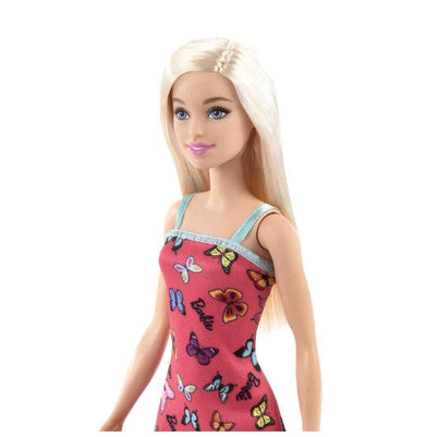 imagBarbie Doll 11.5 inches with Colorful Butterfly Logo Print Red Dress & Strappy Heels