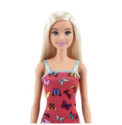 imagBarbie Doll 11.5 inches with Colorful Butterfly Logo Print Red Dress & Strappy Heels