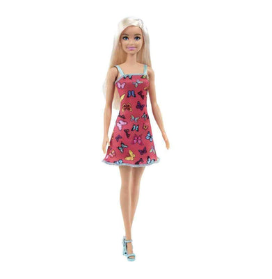 imagBarbie Doll 11.5 inches with Colorful Butterfly Logo Print Red Dress & Strappy Heels