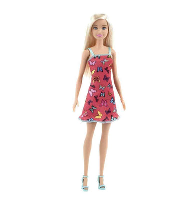imagBarbie Doll 11.5 inches with Colorful Butterfly Logo Print Red Dress & Strappy Heels