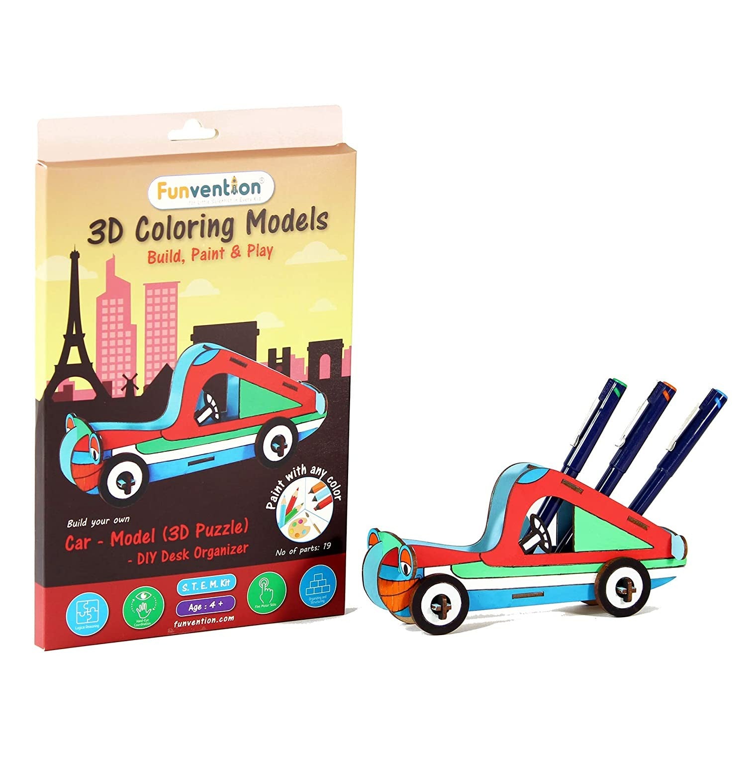 3D Coloring Car Model Puzzle - Funvention DIY Desk Organizer & STEM Educational Kit