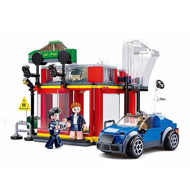imagSluban Town Automobile Sales Service Shop Building Bricks with 3 Mini Toys & 1 Blue Toy Car